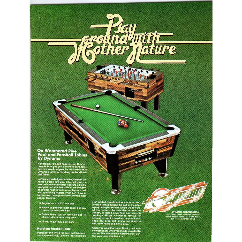 Vintage 1970s Dynamo Weathered Pine Pool & Foosball Table Ad Flyer